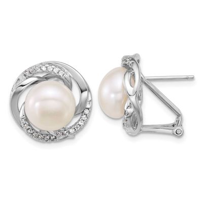 9-10mm White Button Freshwater Cultured Pearl and CZ Omega Back Earrings Sterling Silver Rhodium-pl