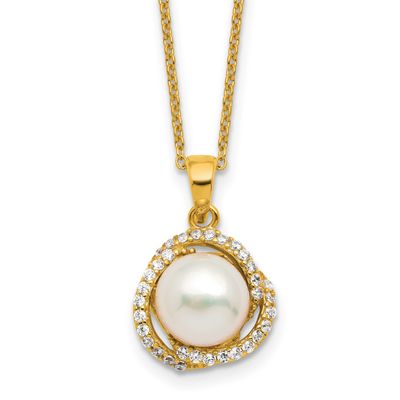Cheryl M Polished Freshwater Cultured Pearl and CZ 16 Inch with 2 Inch Extension Necklace Sterling
