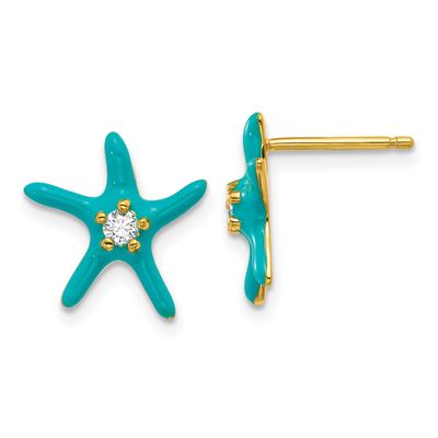Cheryl M Polished Blue Enamel and CZ Starfish Post Earrings Sterling Silver Gold-plated, QCM1863Y,