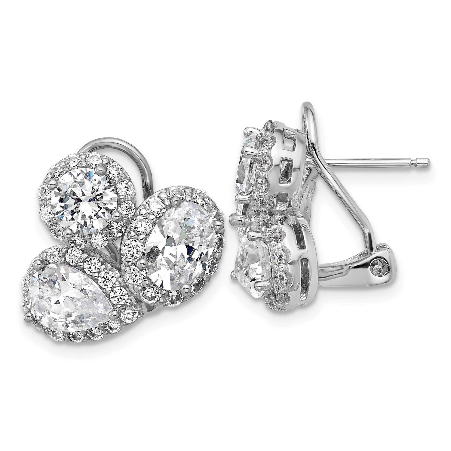 Cheryl M Polished Fancy Multi-cut CZ Halo Omega Back Earrings Sterling Silver Rhodium-plated, QCM16