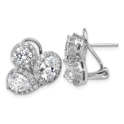 Cheryl M Polished Fancy Multi-cut CZ Halo Omega Back Earrings Sterling Silver Rhodium-plated, QCM16