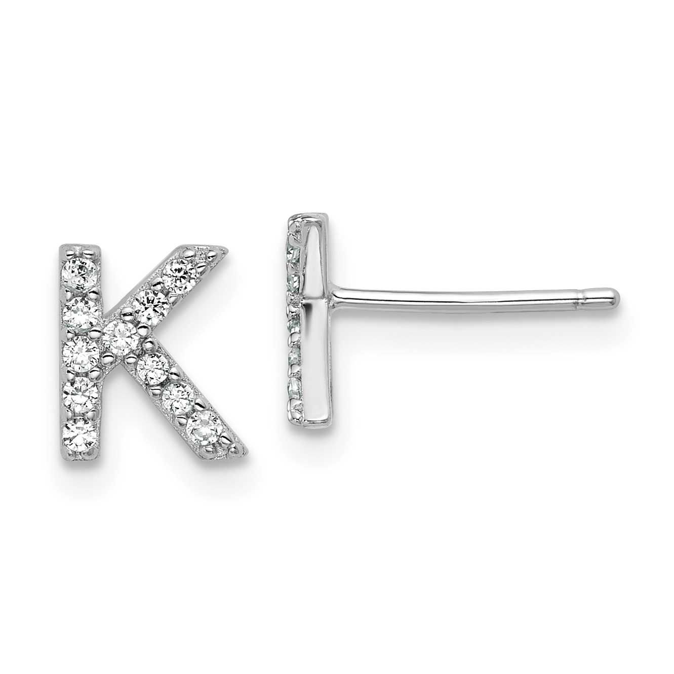 Cheryl M Polished Letter K CZ Initial Post Earrings Sterling Silver Rhodium-plated, QCM1867K,