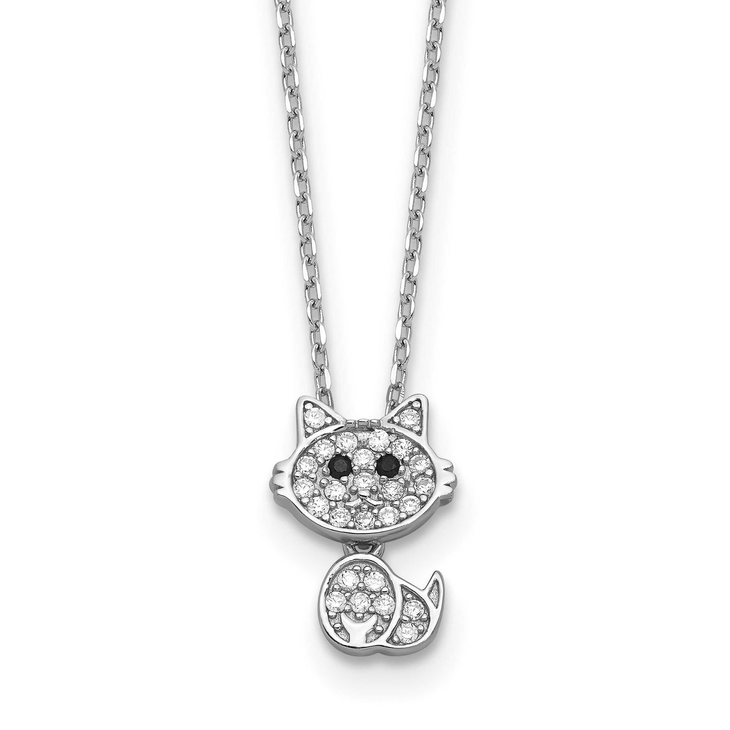 Cheryl M Polished Black and White CZ Cat Necklace Sterling Silver Rhodium-plated, QCM1781-18, 19690