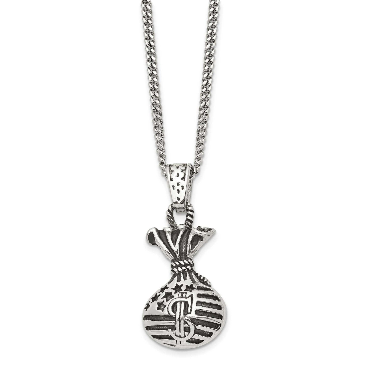 Antiqued Money Bag Pendant on a 22 inch Curb Chain Necklace Stainless Steel Polished, SRN1719-22, 1
