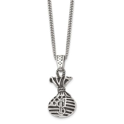 Antiqued Money Bag Pendant on a 22 inch Curb Chain Necklace Stainless Steel Polished, SRN1719-22, 1