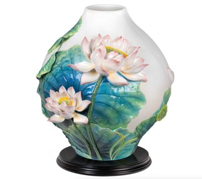 Franz Porcelain Harmonious Bliss Lotus Flower Design Sculptured Porcelain Vase With Wooden Base, MP…