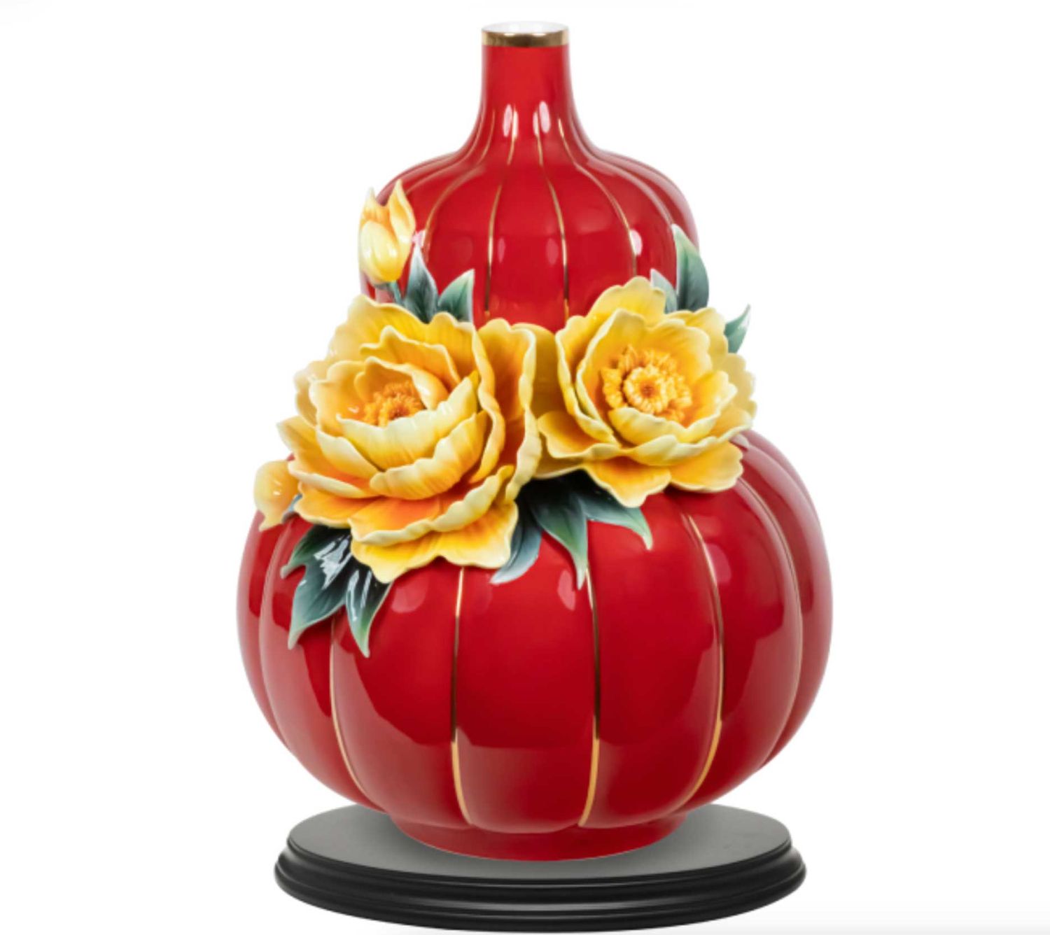 Franz Porcelain Abundant Fortune Peony Design Sculptured Porcelain Vase With Wooden Base, MPN: FZ03…