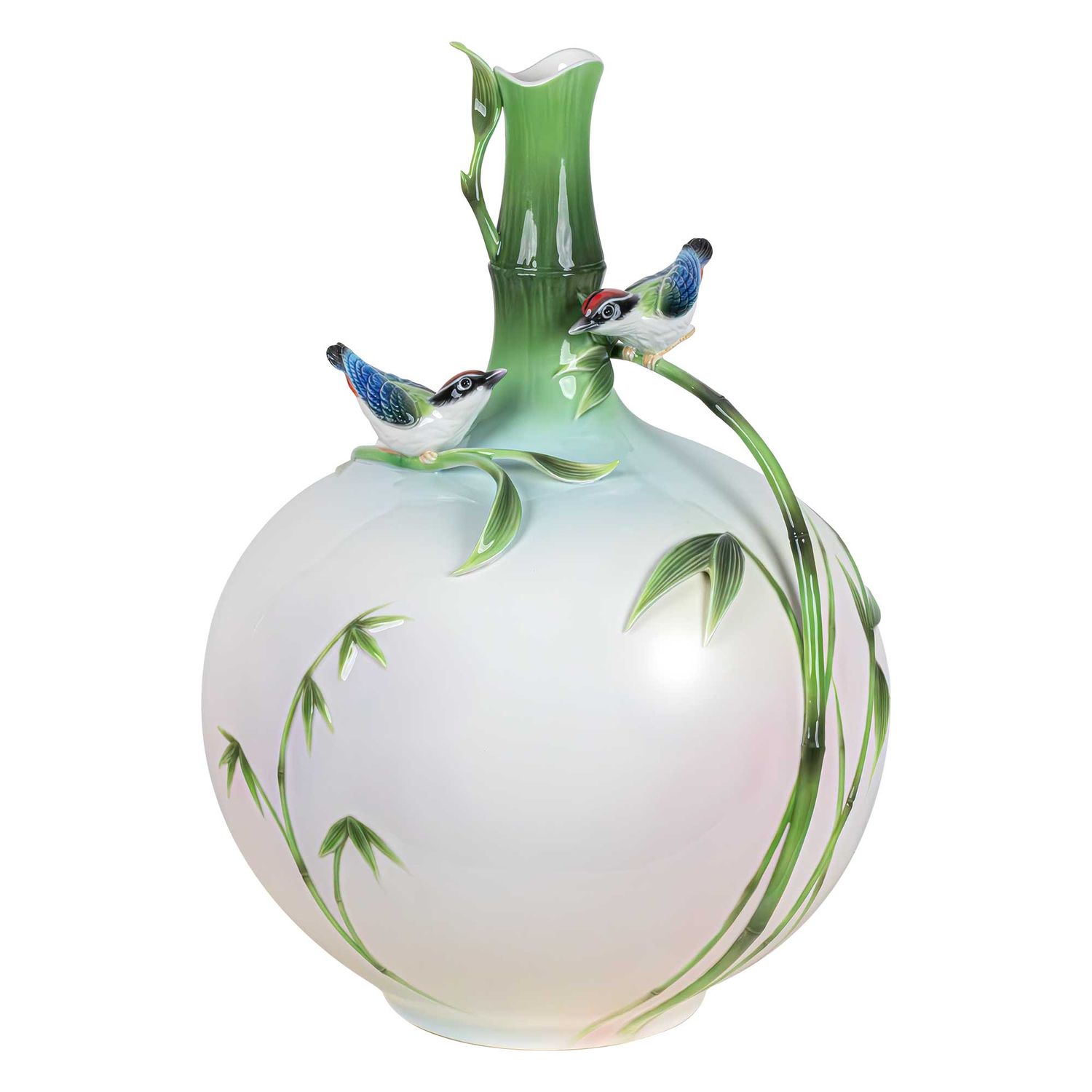 Franz Porcelain Bamboo Song Bird Round Sculpture Porcelain Vase, MPN: FZ04011