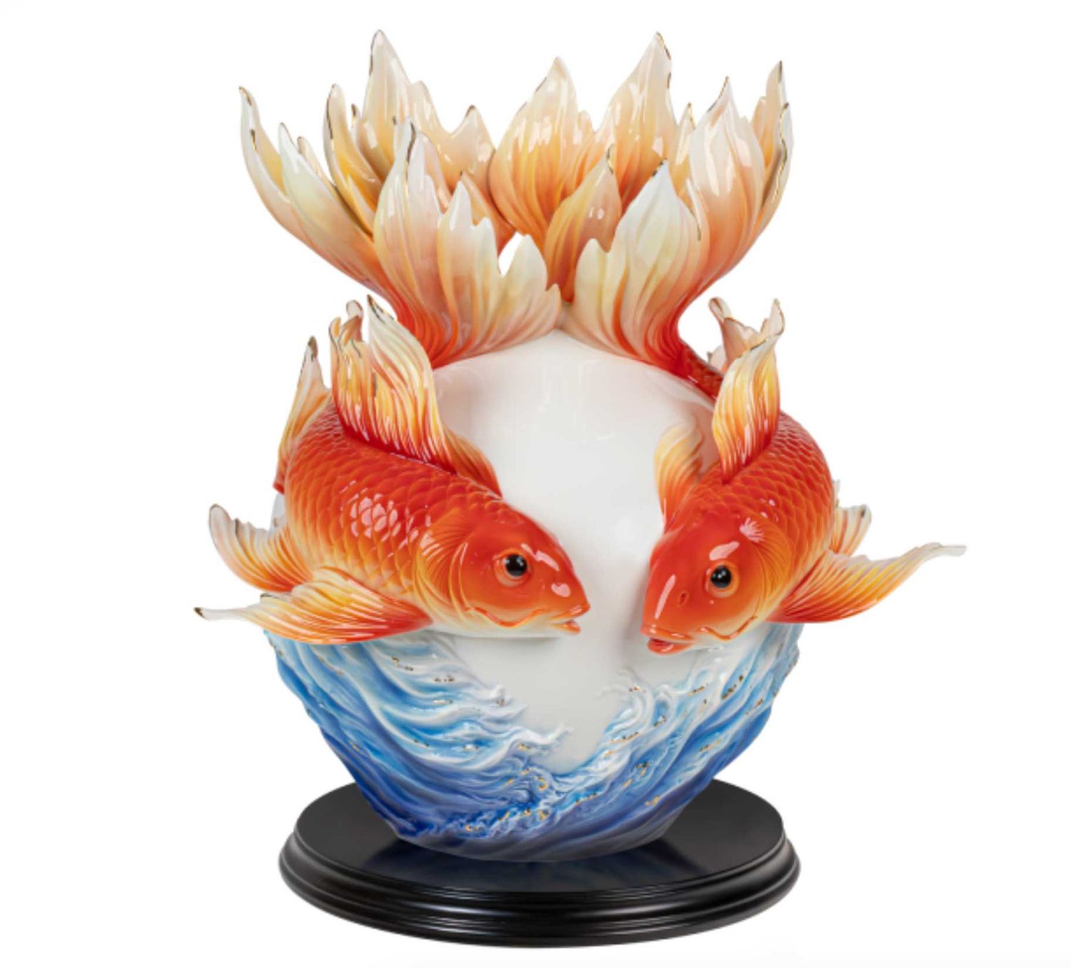 Franz Porcelain Grand Ambitions: Dragon Koi Design Sculptured Porcelain Vase With Wooden Base, MPN:…