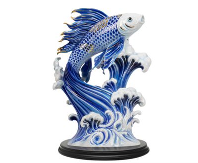 Franz Porcelain Rising Like A Tidal Wave Blue And-White Dragon Carp Design Sculptured Porcelain Fig…
