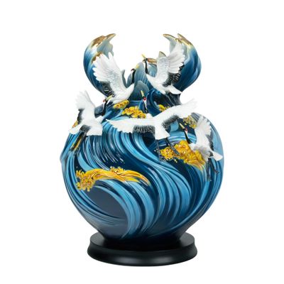 Franz Porcelain Auspicious Soar Five Cranes Design Sculptured Porcelain Vase With Wooden Base, MPN:…