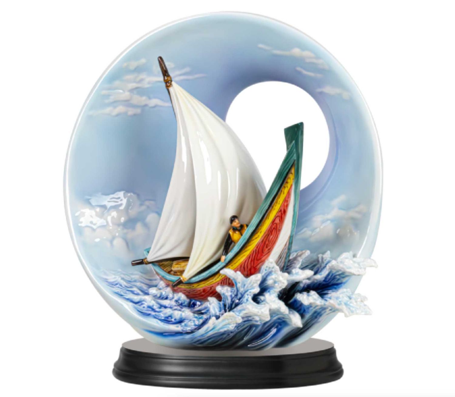 Franz Porcelain Breaking The Waves Sailboat Design Sculptured Porcelain Vase With Wooden Base, MPN:…