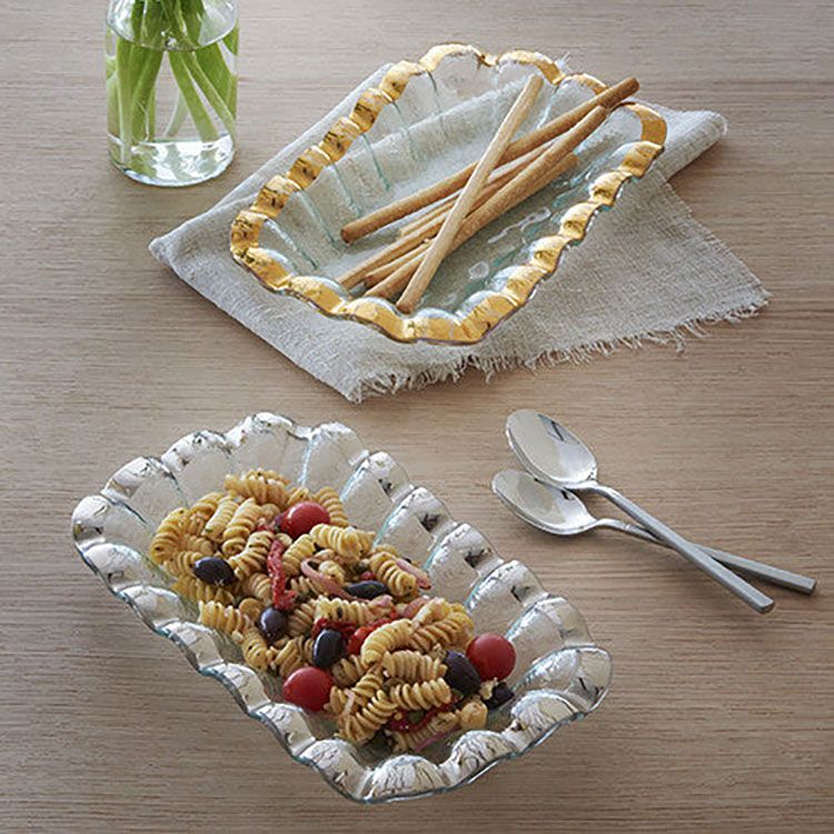 Annieglass Ruffle Gold Rectangular Bowl 11.25 x 7 Inch, G229, 690432229119