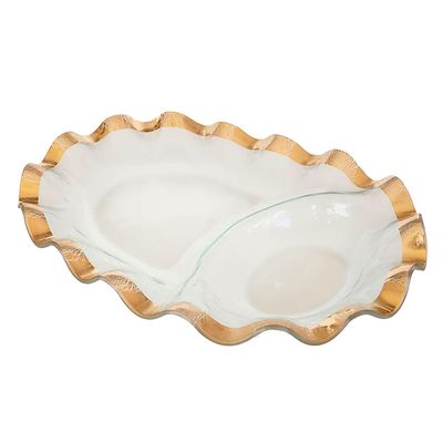 Annieglass Ruffle Gold Oval Chip &amp; Dip 18 x 12 Inch, G244, 690432244112