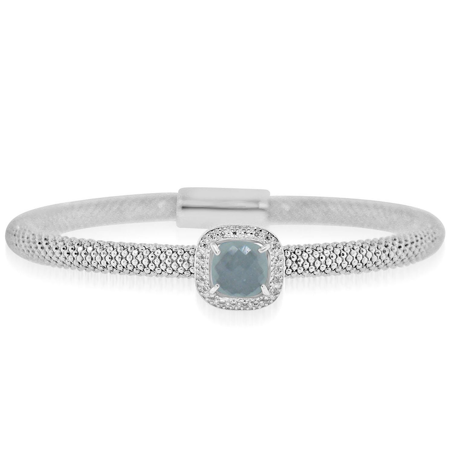 Dazzlers Sterling Silver Rhodium Plated with Cushion Simulated Gemstone and CZ Diamond Bangle, MPN:…