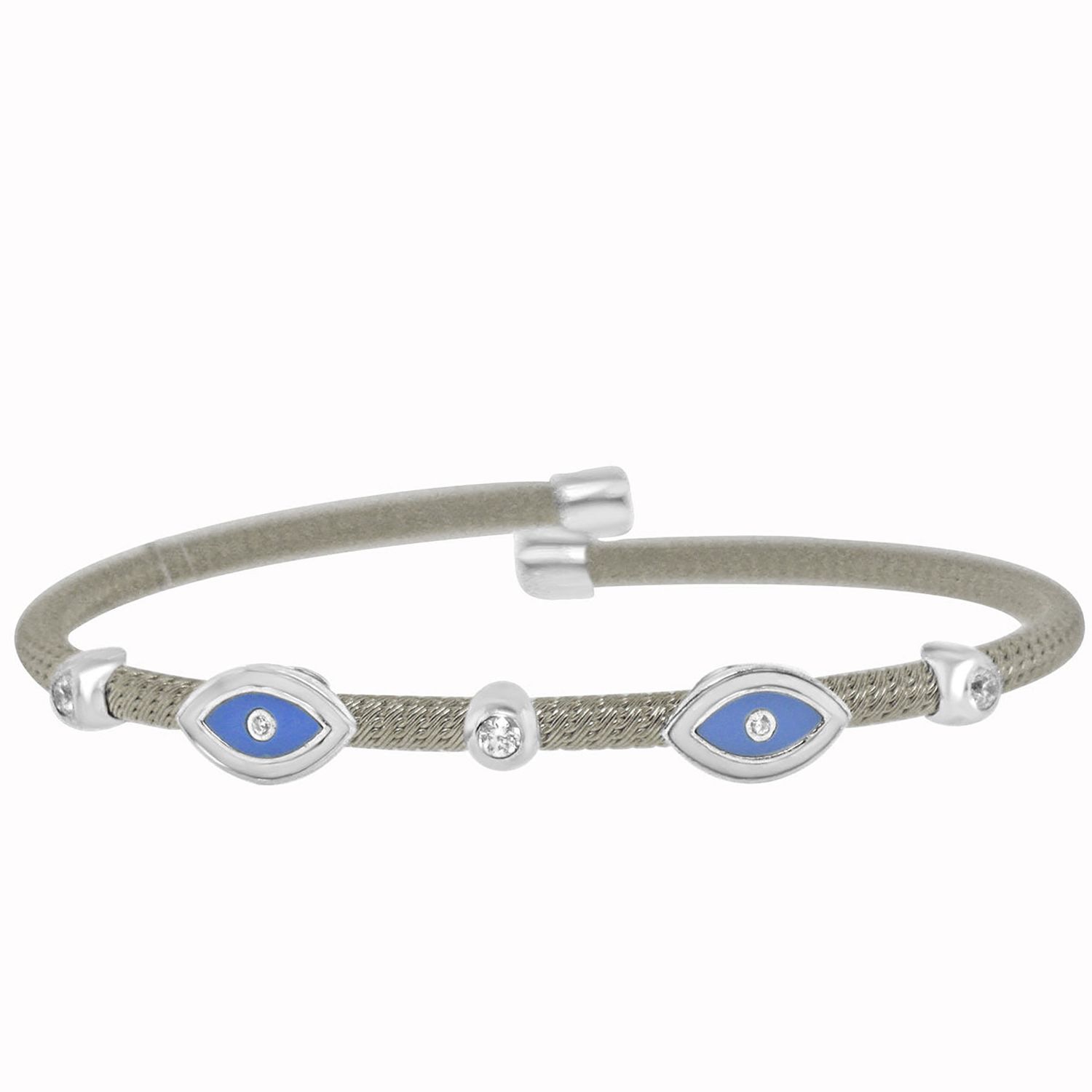Dazzlers Sterling Silver Rhodium Plated with Blue Enameled Evil Eye and CZ Diamond Bezel Bangle, MP…