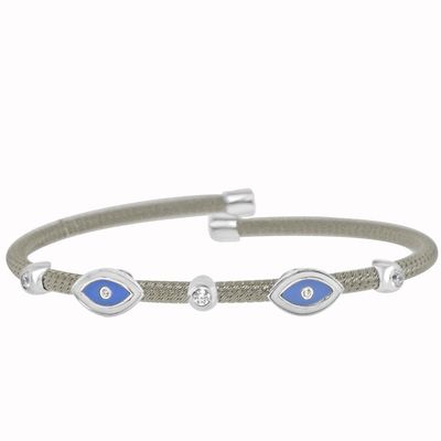 Dazzlers Sterling Silver Rhodium Plated with Blue Enameled Evil Eye and CZ Diamond Bezel Bangle, MP…