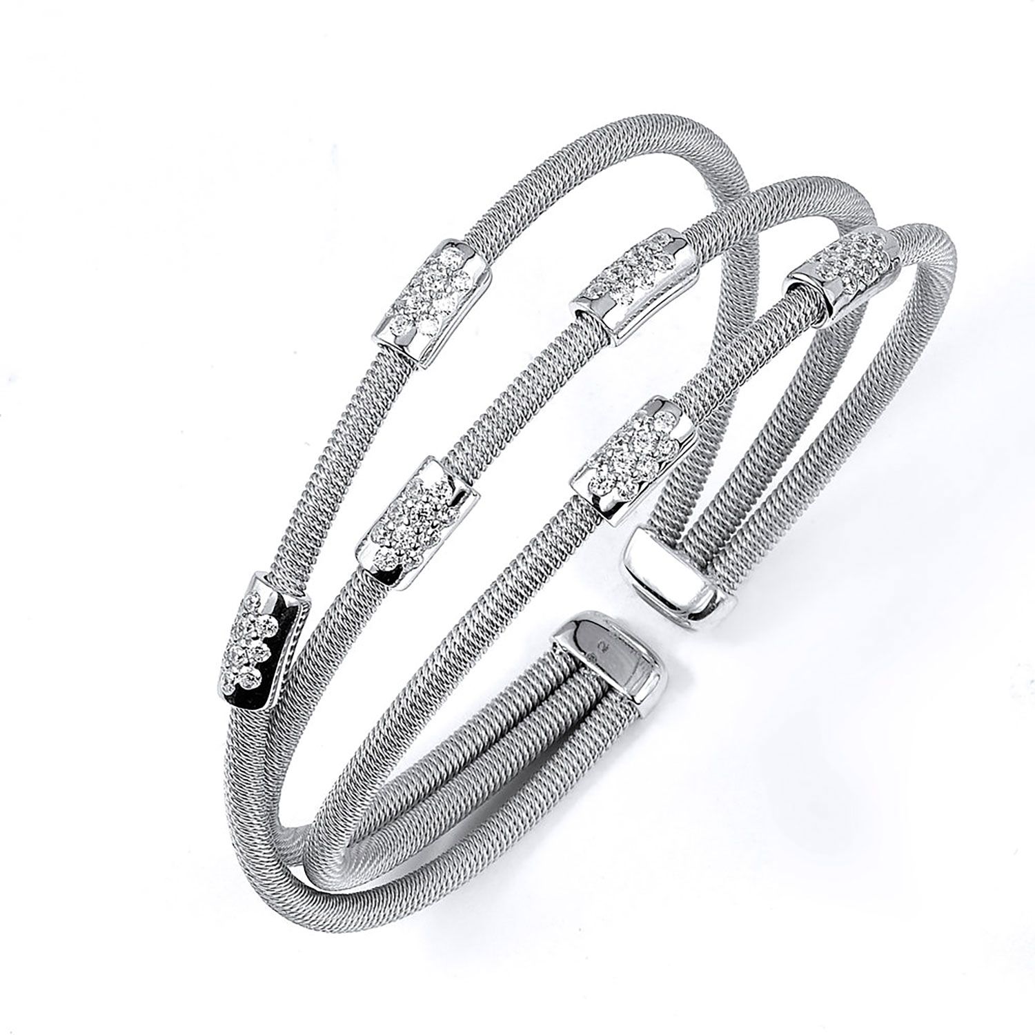 Dazzlers Sterling Silver Rhodium Plated and CZ Diamond Stations Three Rows Bangle, MPN: DRB-503