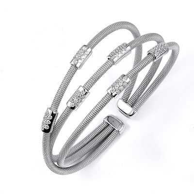 Dazzlers Sterling Silver Rhodium Plated and CZ Diamond Stations Three Rows Bangle, MPN: DRB-503