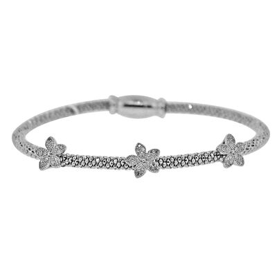 Dazzlers Sterling Silver Rhodium Plated with 3 Station Of Flower CZ Diamond Mesh Italian Bangle, MP…