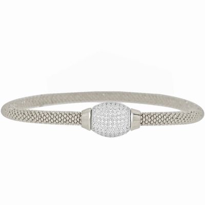 Dazzlers Sterling Silver Rhodium Plated Italian Mesh Bangle with CZ Diamond Barell, MPN: DEB-119