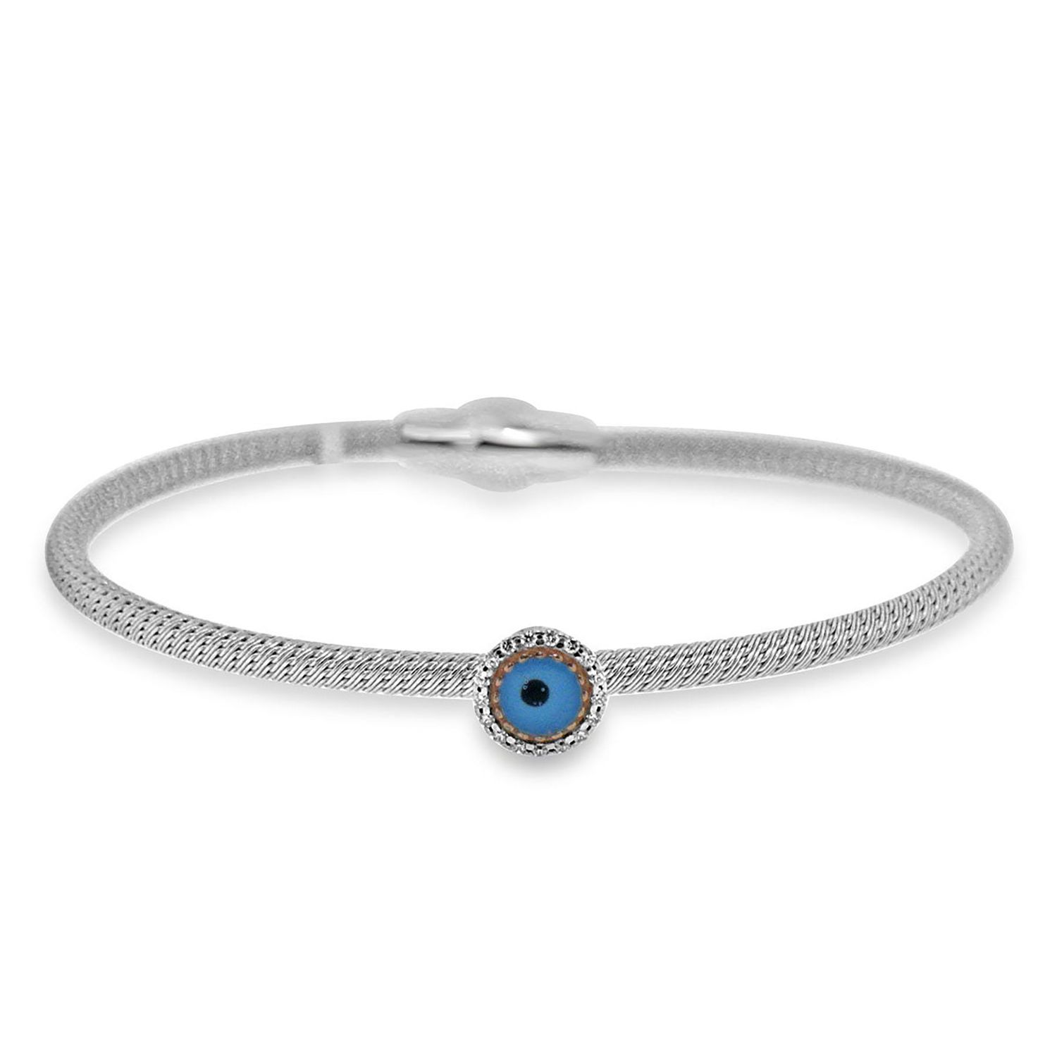 Dazzlers Sterling Silver Rhodium Plated Blue Enameled Evil Eye with CZ Diamond Bangle, MPN: DEB-118