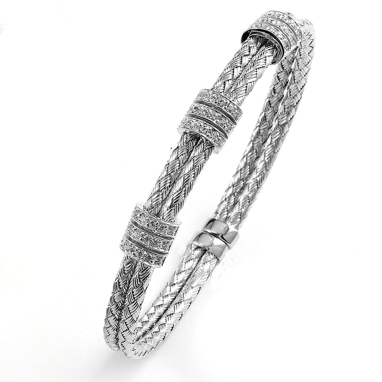 Dazzlers Sterling Silver Rhodium Plated and 3 Stations Of CZ Diamond Braided Cable Bangle, MPN: DCB…