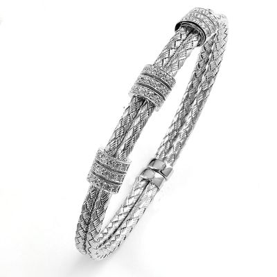 Dazzlers Sterling Silver Rhodium Plated and 3 Stations Of CZ Diamond Braided Cable Bangle, MPN: DCB…