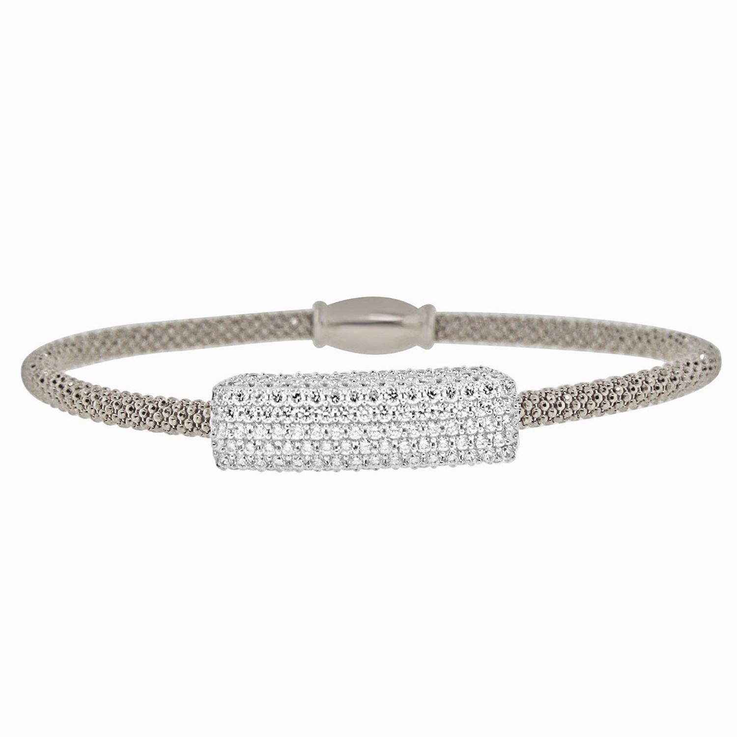 Dazzlers Sterling Silver Rhodium Plated Italian Mesh Bangle with CZ Diamond Bar, MPN: DEB-122