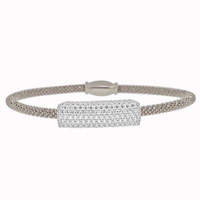 Dazzlers Sterling Silver Rhodium Plated Italian Mesh Bangle with CZ Diamond Bar, MPN: DEB-122
