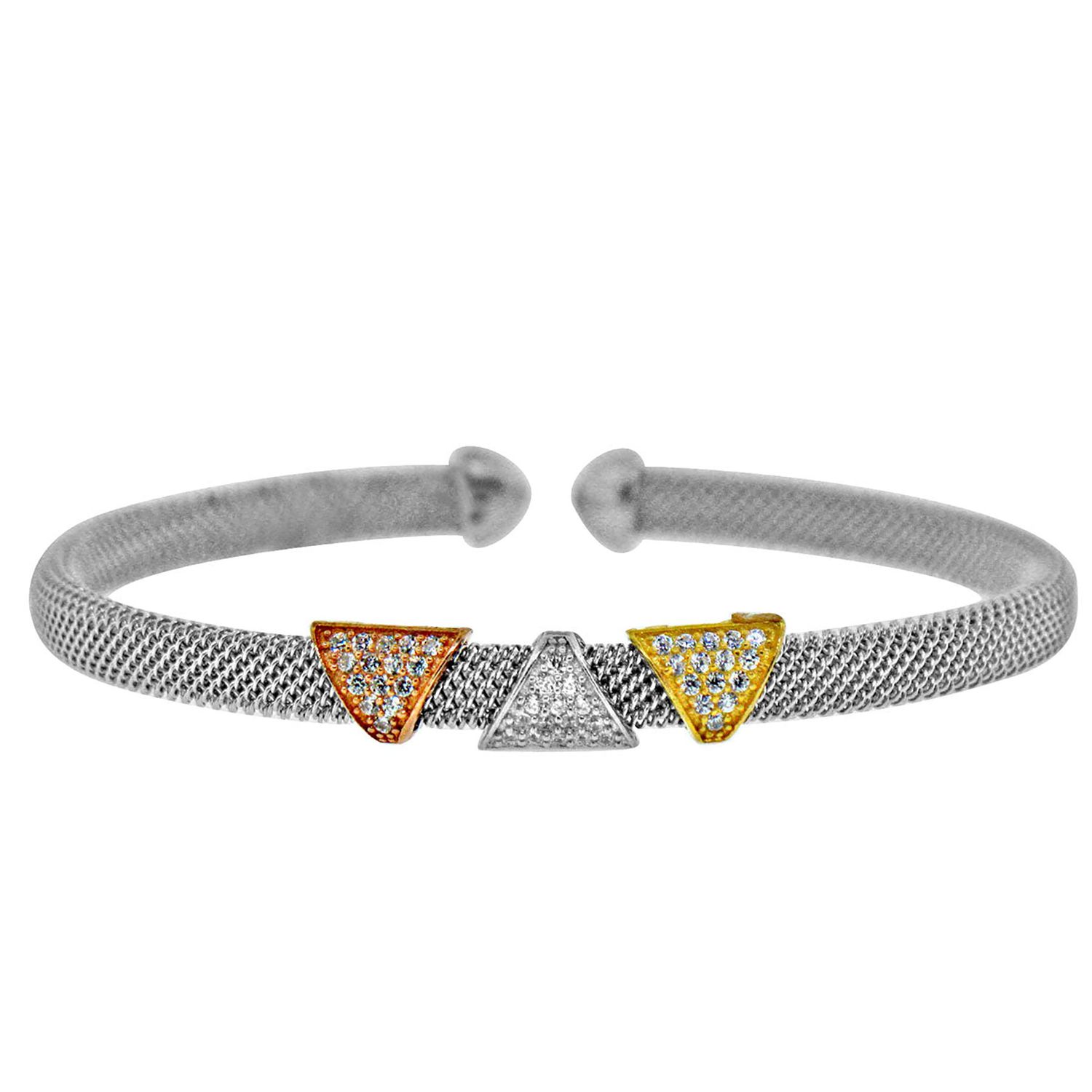 Dazzlers Three-Tone Sterling Silver and Triple Triange CZ Diamond Bangle, MPN: DEB-109