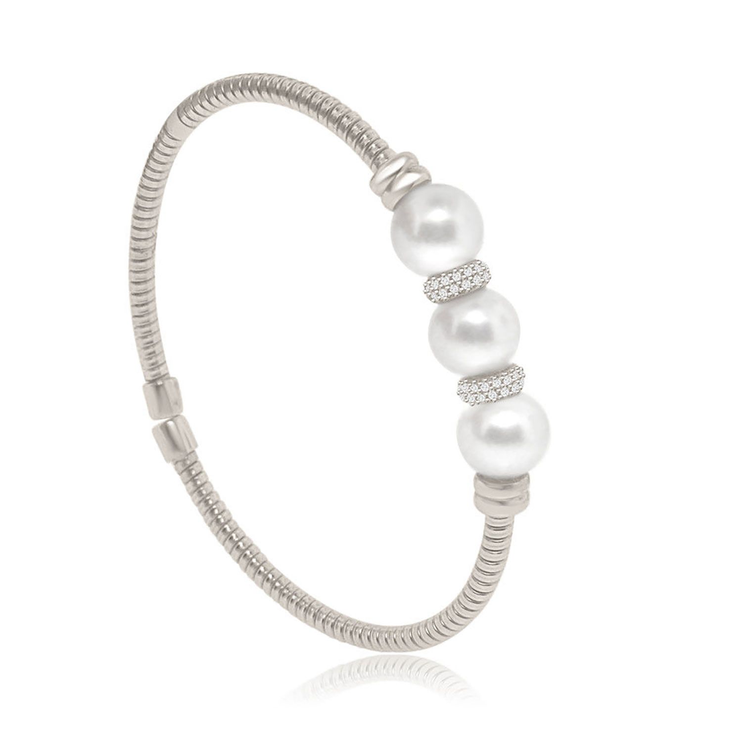 Dazzlers Sterling Silver Rhodium Plated with Simulated Pearl and CZ Diamond Bangle, MPN: DRB-537