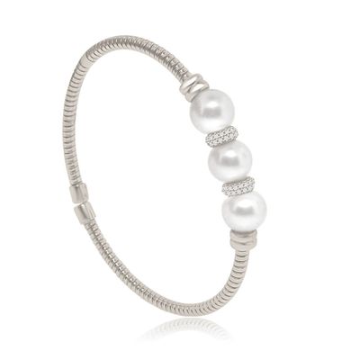Dazzlers Sterling Silver Rhodium Plated with Simulated Pearl and CZ Diamond Bangle, MPN: DRB-537