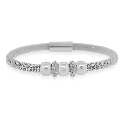 Dazzlers Sterling Silver Rhodium Plated and CZ Diamond Disc and White Bead Bangle, MPN: DAB-184