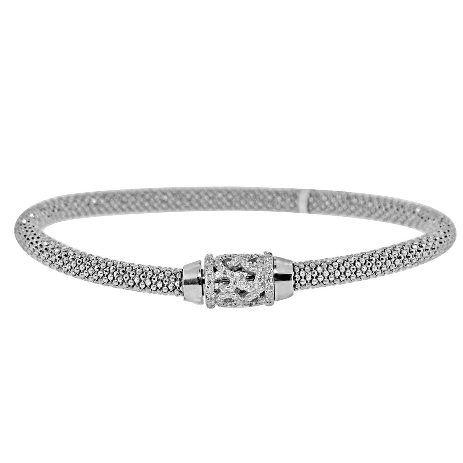 Dazzlers Sterling Silver Rhodium Plated and CZ Diamond Magnetic Clasp Italian Mesh Bangle, MPN: DEB…