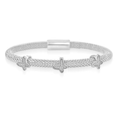 Dazzlers Sterling Silver Rhodium Plated with Three CZ Diamond Butterfly Italian Beaded Bangle, MPN:…