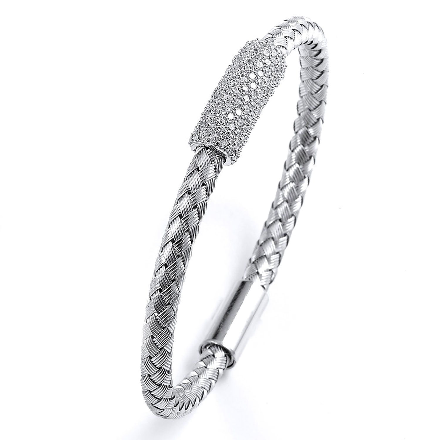 Dazzlers Sterling Silver Rhodium Plated and CZ Diamond Braided Cable Bangle, MPN: DCB-251
