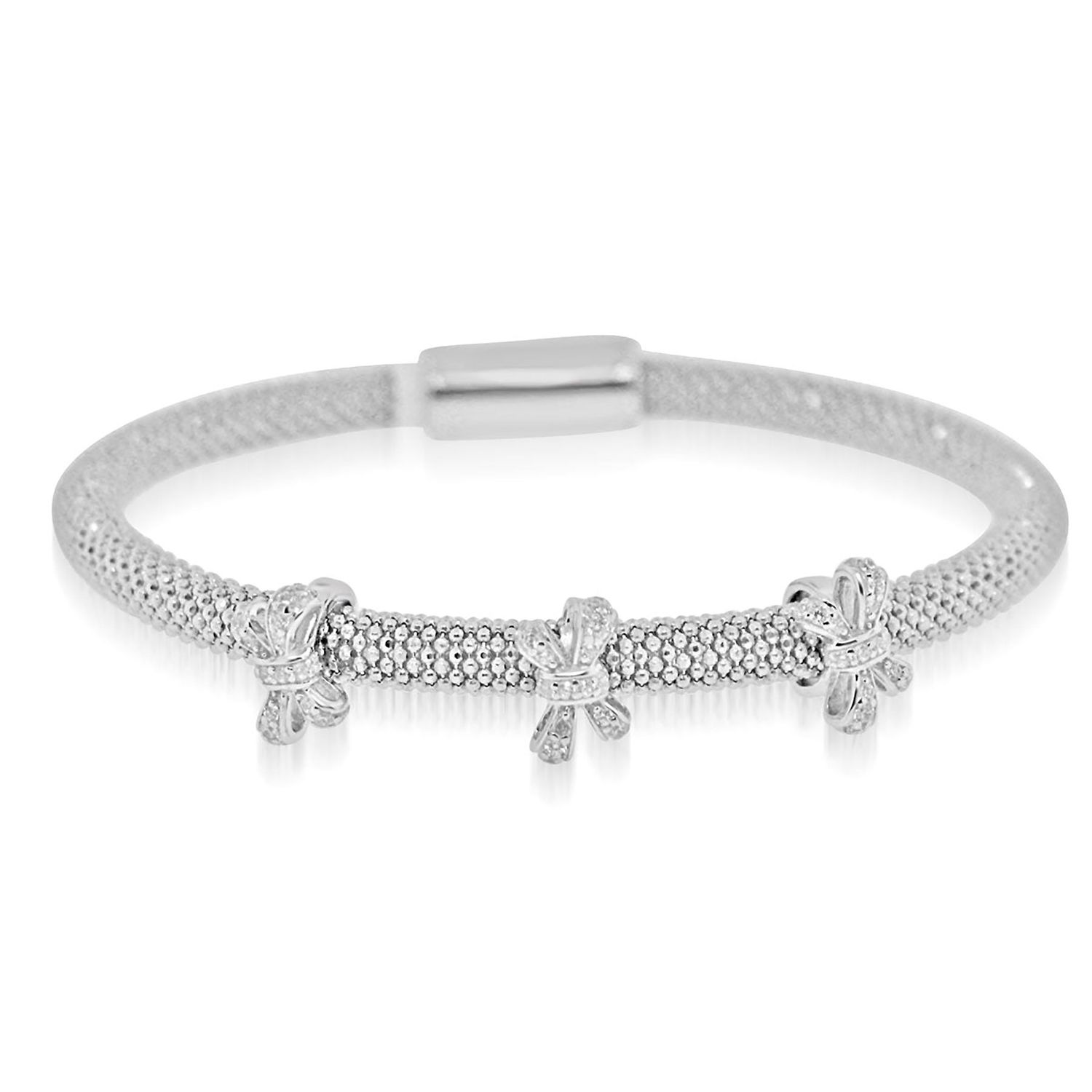 Dazzlers Sterling Silver Rhodium Plated and CZ Diamond 3 Station Ribbon Bangle, MPN: DAB-173