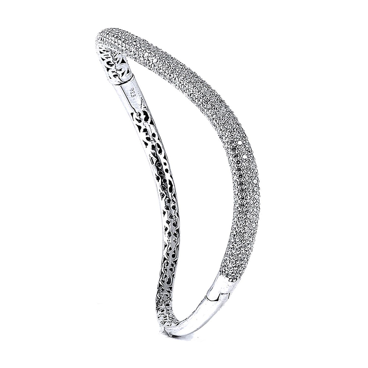 Dazzlers Sterling Silver Rhodium Plated and CZ Diamond Micro-Pave Curvy Bangle with Safety Clasp, M…