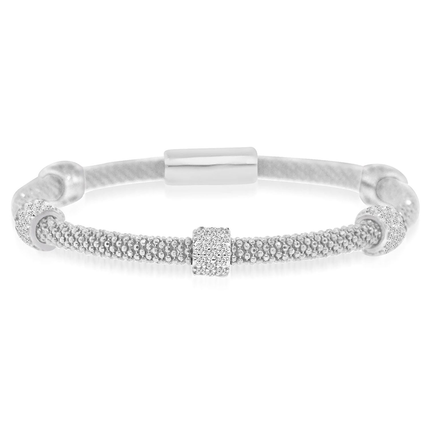 Dazzlers Sterling Silver Rhodium Plated with 5 Stations Of CZ Diamond Italian Beaded Bangle, MPN: D…