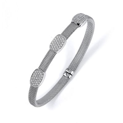 Dazzlers Sterling Silver Rhodium Plated and 3 Stations Of CZ Diamond Bangle, MPN: DRB-508