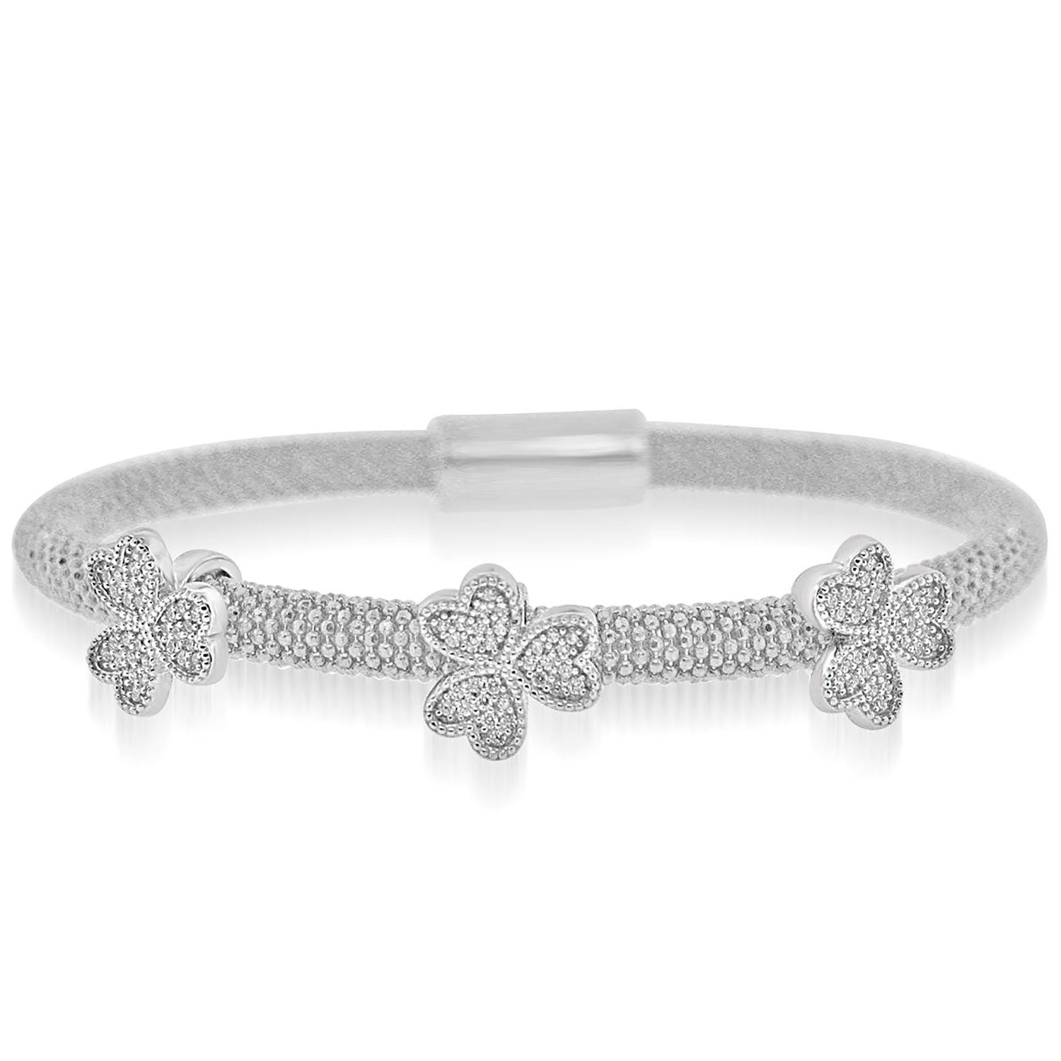 Dazzlers Sterling Silver Rhodium Plated and CZ Diamond 3 Station Three Leaf Clover Bangle, MPN: DAB…