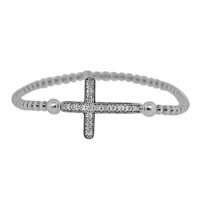 Dazzlers Sterling Silver Rhodium Plated and Large CZ Diamond Cross Stretchy Bracelet, MPN: DAB-190
