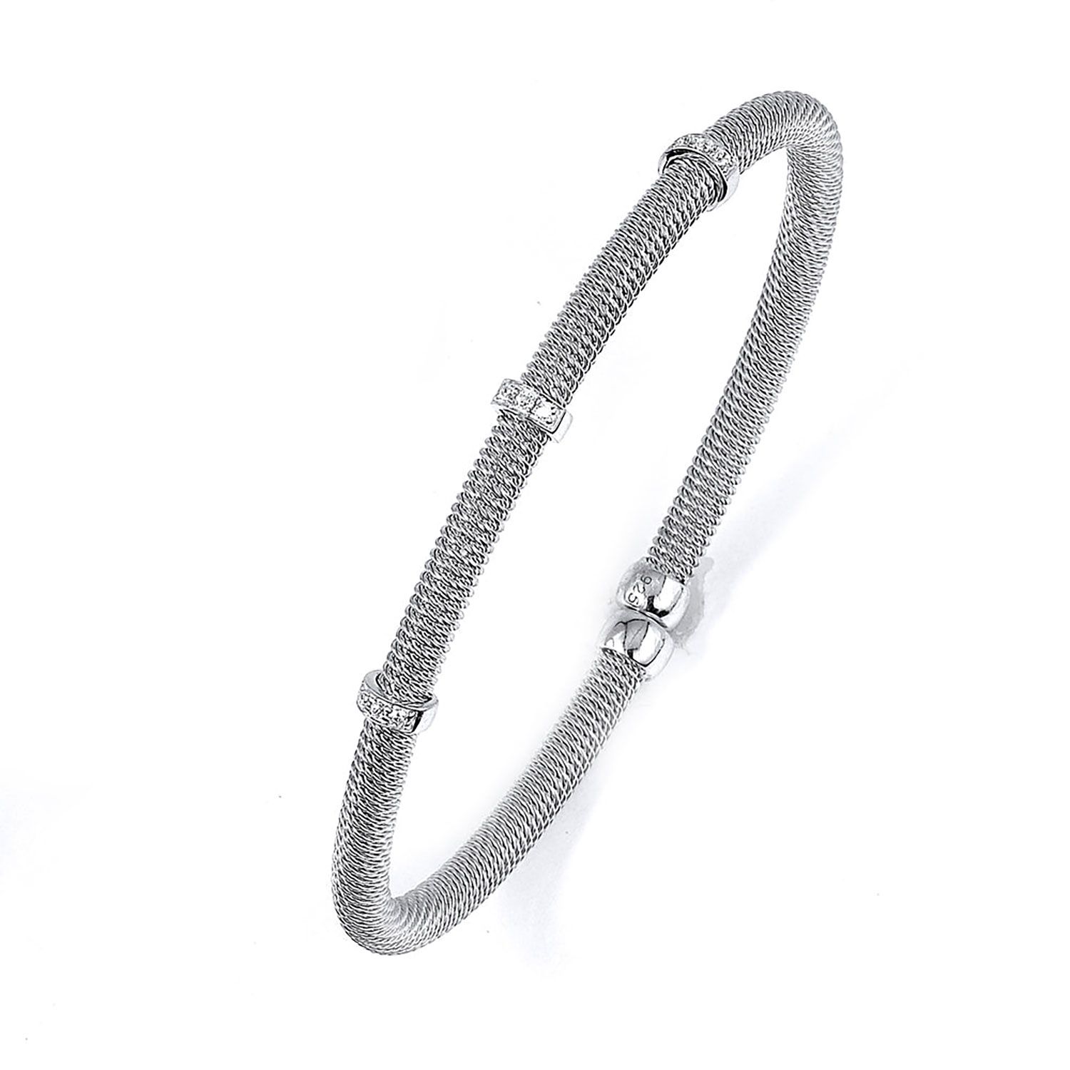 Dazzlers Sterling Silver Rhodium Plated and 3 Stations Of CZ Diamond Woven Coil Bangle, MPN: DRB-510