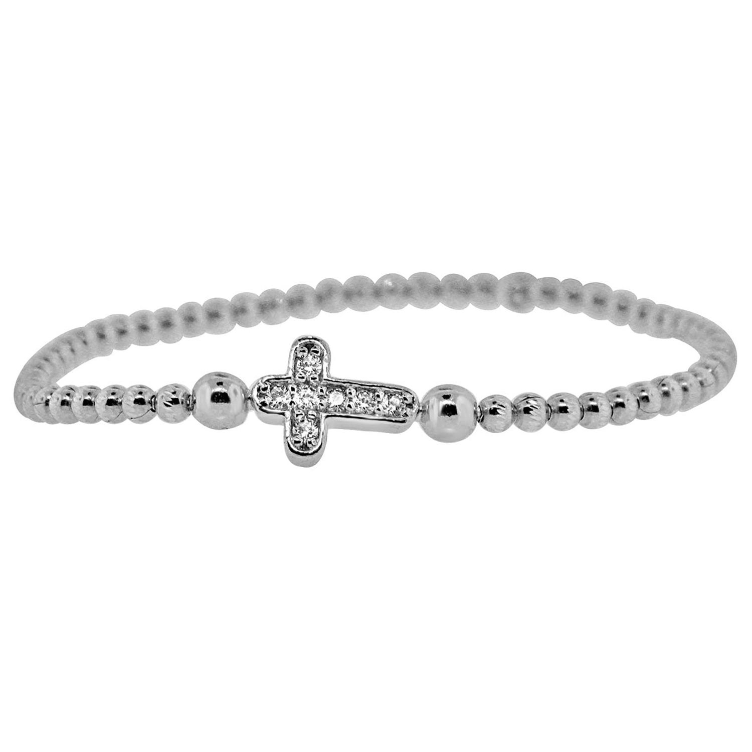 Dazzlers Sterling Silver Rhodium Plated and Small CZ Diamond Cross Stretchy Bracelet, MPN: DAB-189