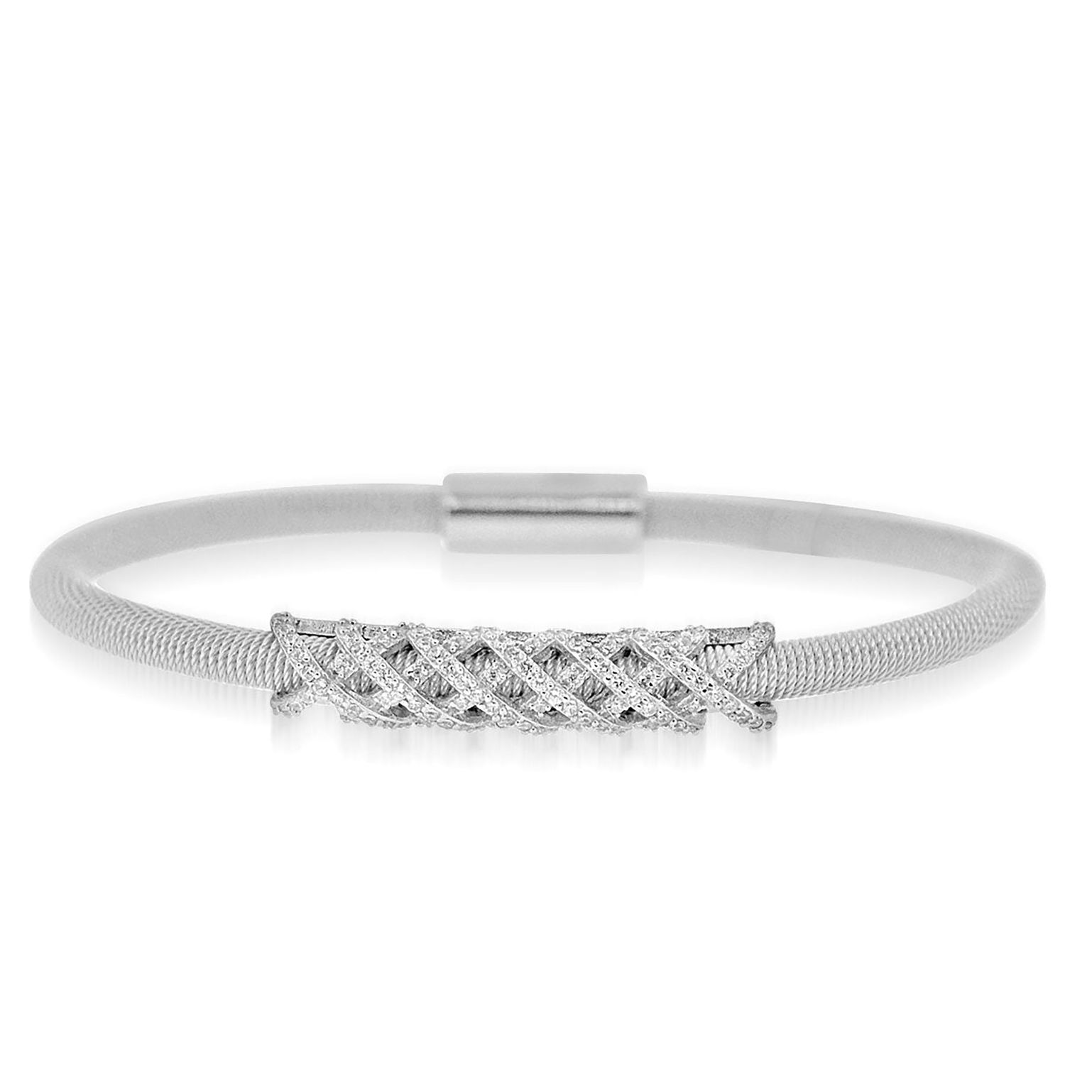 Dazzlers Sterling Silver Rhodium Plated and Criss Cross CZ Diamond Bar Bangle, MPN: DAB-187