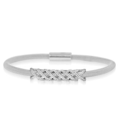 Dazzlers Sterling Silver Rhodium Plated and Criss Cross CZ Diamond Bar Bangle, MPN: DAB-187