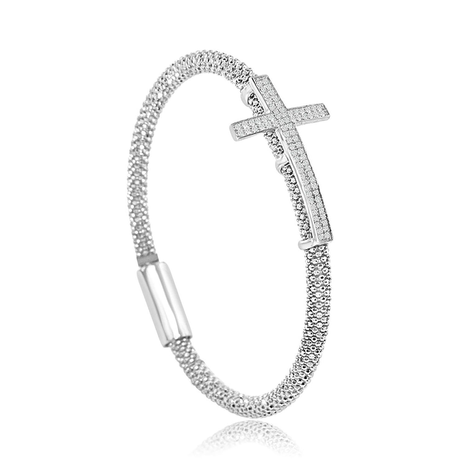 Dazzlers Sterling Silver Rhodium Plated and CZ Diamond Cross Italian Bangle, MPN: DAB-160
