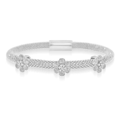 Dazzlers Sterling Silver Rhodium Plated and CZ Diamond 3 Station Flower Bangle, MPN: DAB-172