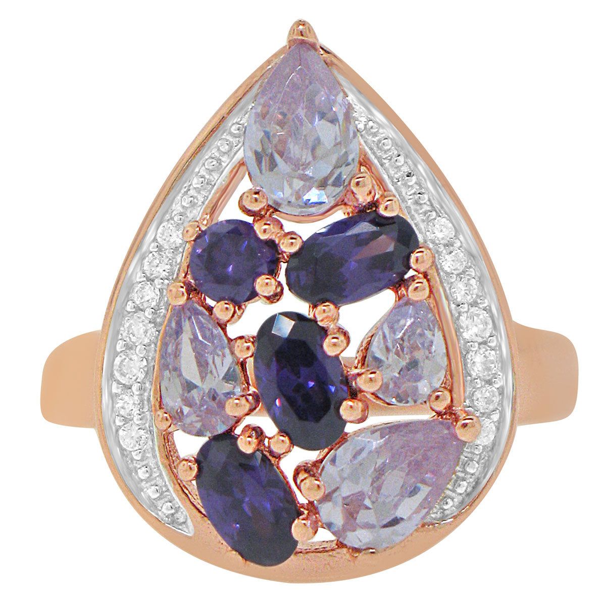 Dazzlers Sterling Silver Rose Gold Plated with Multi-Color CZ Teardrop Shape Ring, MPN: DSR-803P